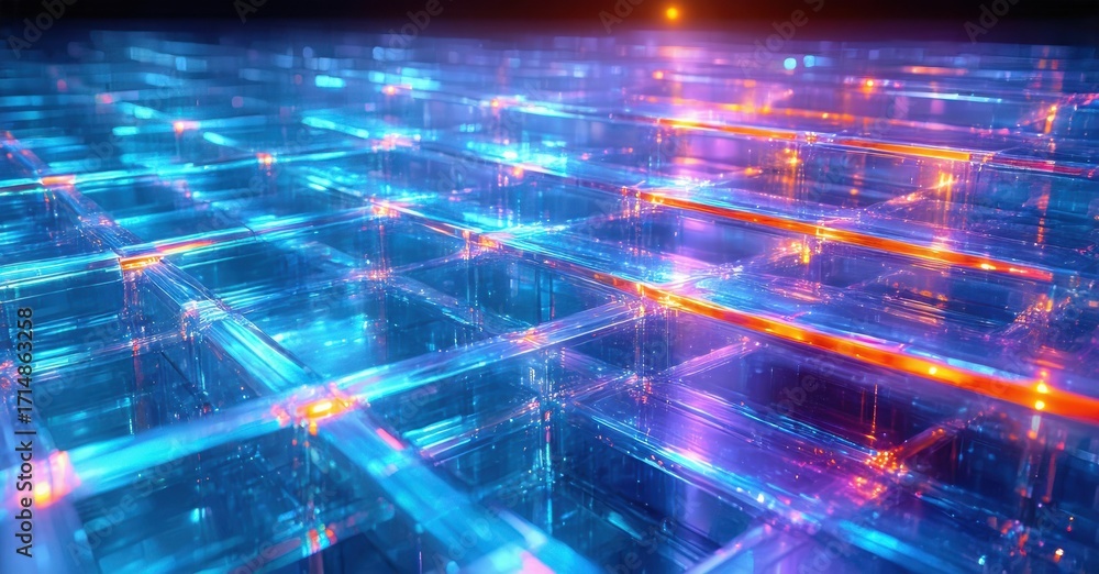 Poster abstract grid structure. glowing lines intersect, creating futuristic digital landscape. vivid blues