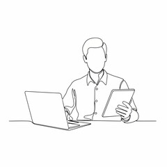 Man working on laptop and tablet in minimalist line art style