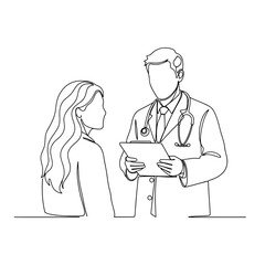 Doctor and patient consultation in minimalist line art style