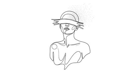 Abstract line art of a woman with a blindfold and scattered dots