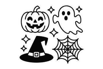 Halloween elements including a pumpkin, ghost, witch hat, and spider web with sparkling stars vector illustration
