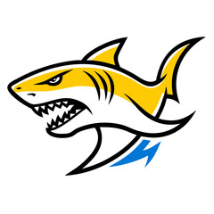 Illustration of a stylized shark with sharp teeth and a blue lightning bolt design on a white background