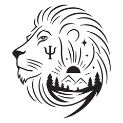 Lion Silhouette with Nature Landscape and Psi Symbol  Wildlife and Psychology Fusion Vector