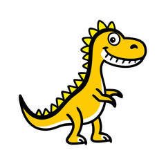 Cartoon yellow dinosaur with black outline smiling and standing on two legs on a white background