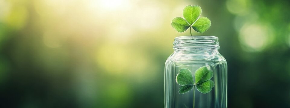 Green Clover Plant in Glass Jar Against Soft Blurred Background