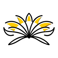 Stylized floral design with black lines and yellow accents emanating from a central point in a radial pattern