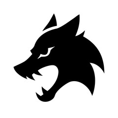 A stark black and white silhouette of a wolf head with sharp features and a fierce expression rendered simply
