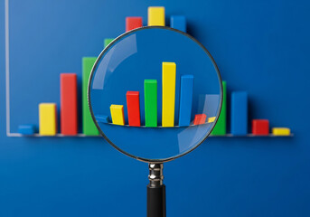 Colorful Bar Chart Under Magnifying Glass on Blue Background 