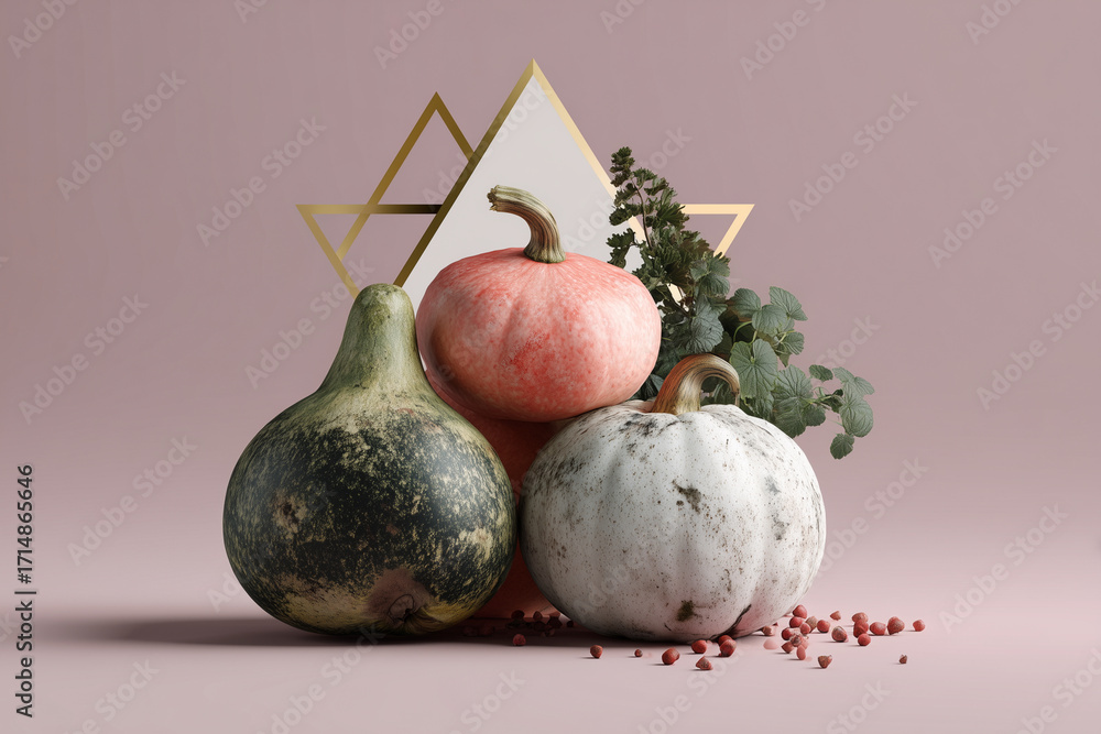Poster three pumpkins of different sizes are arranged on a table with some leaves