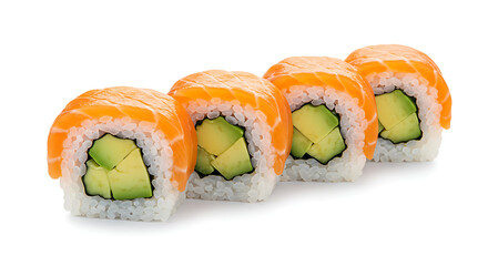 Gourmet sushi rolls with salmon and avocado isolated on white.
