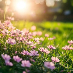 Obraz premium Field of Pink Flowers in Golden Hour Sunlight nature photo
