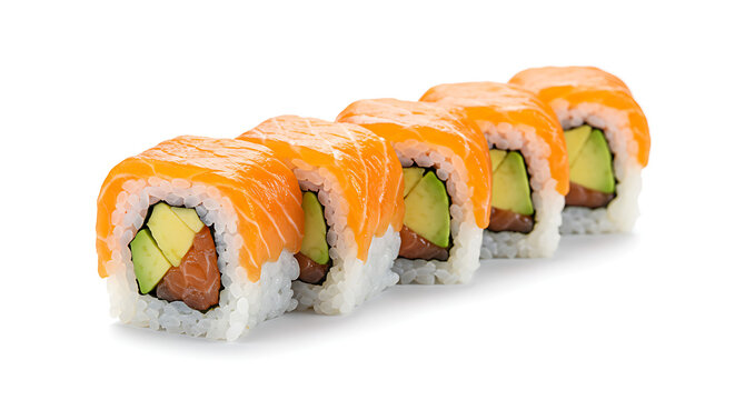 Gourmet sushi rolls with salmon and avocado isolated on white. - Powered by Adobe