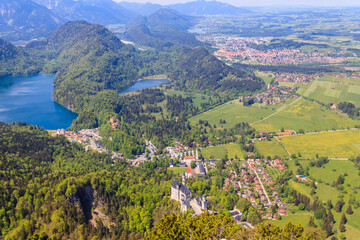 Aerial view of Neuschwanstein Castle, Alpsee and Schwansee in the Bavarian Alps, Germany