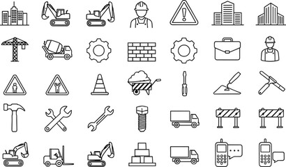Construction icon set, black line industrial symbols, building tools vehicles workers safety signs, engineering equipment vector, infrastructure graphic pack