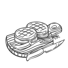Filet mignon steaks on wooden board with knife and chili pepper line icon. Outline hand drawn sketch of tenderloin meat cuts with rosemary. BBQ, restaurant menu mascot, steak icon vector illustration