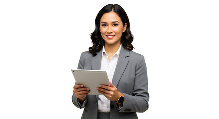 Businesswoman holding a tablet and smiling confidently, isolated on white