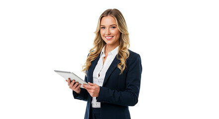 Businesswoman holding a tablet and smiling confidently, isolated on white