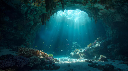 3D Realistic Underwater Crystal Cave with Light Shafts Ai graphical illustration 
