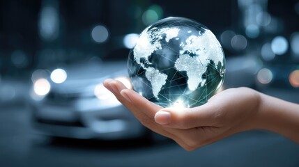 Human hand holding a digital earth globe with electric vehicle overlay. Sustainable transportation, ecology and environment protection concept