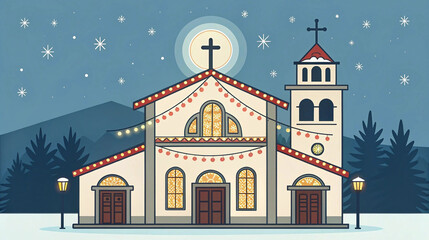 Illustration of Christmas church at night decorated with lights and stars, festive winter holiday celebration scene, religious Christmas design for cards, events, worship visuals