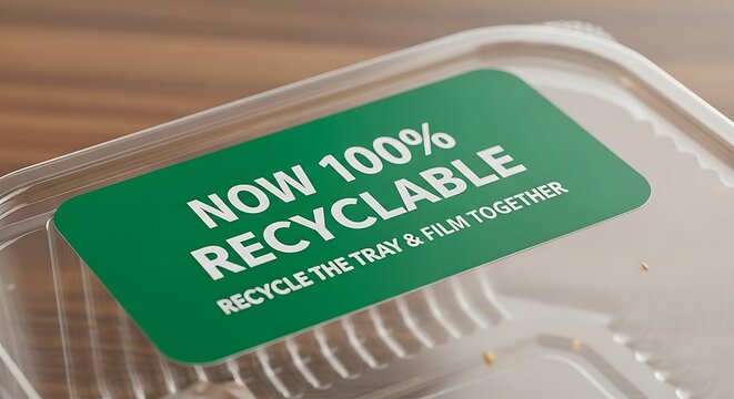 Now 100 percent recyclable green sticker on food container promoting eco-friendly packaging solutions