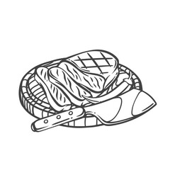 Beef steak cut into slices on wooden board line icon. Outline hand drawn sketch of sliced beefsteak with knife, sirloin and chili pepper. BBQ meat, menu mascot, gourmet steak icon vector illustration