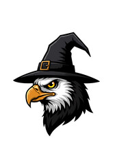 Majestic bald eagle wearing a black witch hat with golden buckle against a dark background