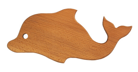 Top view of a wooden cutting board in the shape of a dolphin on a transparent or white background. PNG.