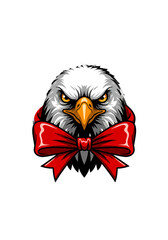 Fierce bald eagle head with intense eyes adorned with a festive red ribbon bow on black background
