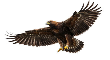 Majestic golden eagle in dramatic flight against a dark black background with detailed feathers