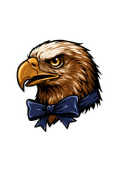 Majestic bald eagle head portrait wearing a stylish blue bow tie on black background