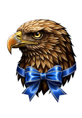 Majestic eagle head with blue ribbon bow on black background symbolizing freedom and patriotism