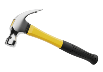 A pristine claw hammer with a polished metallic silver head, vibrant yellow handle, and black rubber grip, against a transparent background with copy space, concept of tools and professional