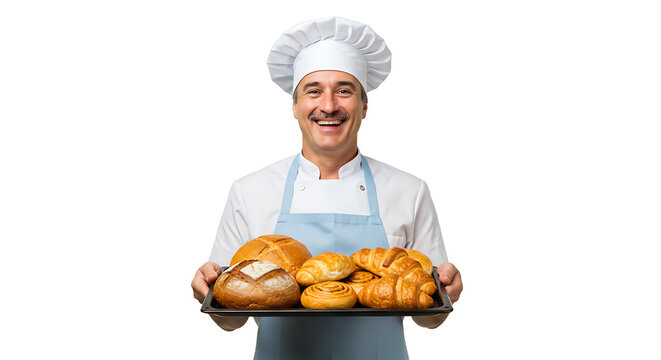 Baker holding a tray of fresh bread, smiling, isolated on white - Powered by Adobe