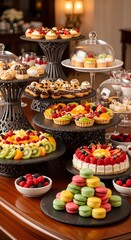 A luxurious and visually stunning display of gourmet desserts, pastries, and fruit tarts, perfect for an elegant event or high-end dining experience, showcasing a variety of sweet treats