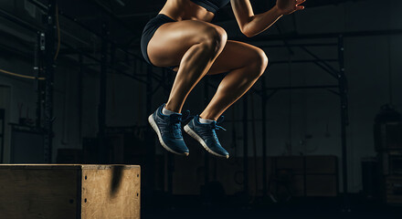 Athlete jumping on a wooden box (plyo jump)
