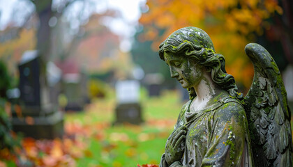 Fototapeta premium Angel statue in cemetery, autumn leaves and overcast sky, moody and contemplative atmosphere