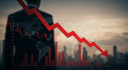 Global economy graph falling with red arrows, businessman silhouette in background