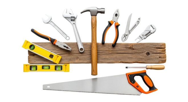 Essential hand tools: hammer, wrench, saw, spirit levels, on rustic wood plank, bright white background, copy space, studio lighting, for craftsmanship and DIY concept.