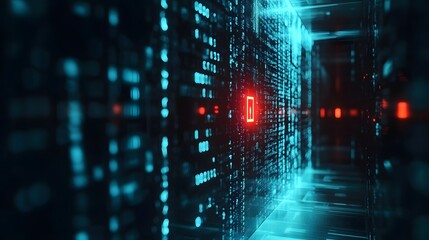 Futuristic digital corridor with glowing blue and red data blocks and a red square photo