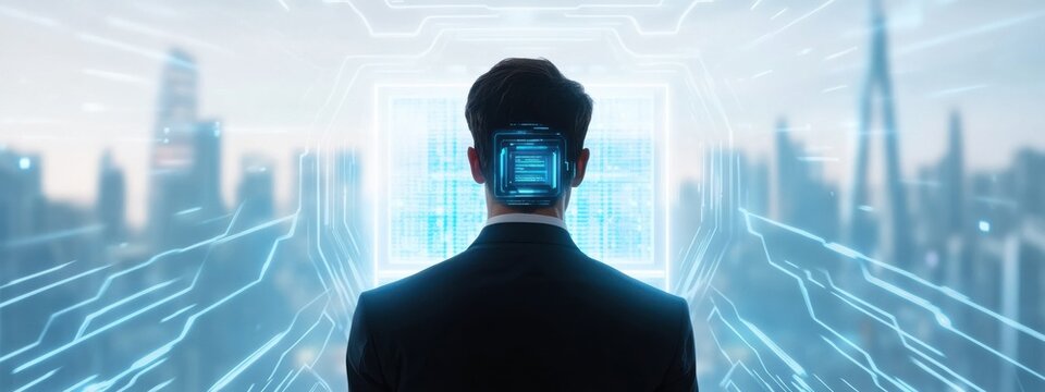 Futuristic Businessman with Digital Interface and City Skyline View