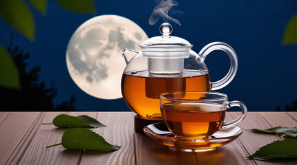 Glass Teapot and Cup of Tea with Full Moon Background 3