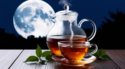 Glass Teapot and Cup of Tea with Full Moon Background 1