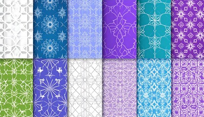 Twelve intricate, repeating patterns showcase a collection of vibrant color schemes and decorative design motifs.