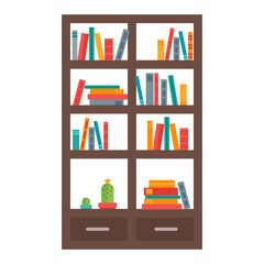 Flat vector illustration of a home library bookcase with colorful books