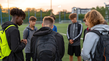 A diverse group of young male athletes, including Black and Caucasian teens, gather in prayer on a soccer field during sunset.