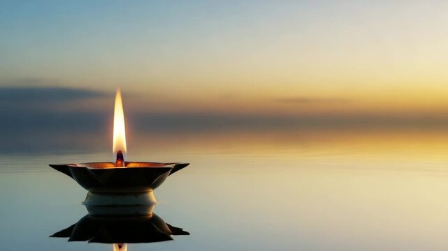 Diya lamp floating on water during peaceful sunset 4k video