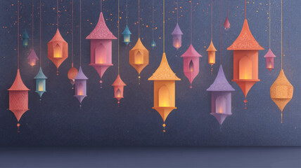 Decorative colorful Diwali lanterns glowing in festive night with traditional kandil celebration background.