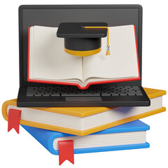 3d render Online Education Concept Laptop, Books, and Graduation Cap icon 