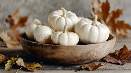 A rustic bowl filled with white pumpkins surrounded by autumn leaves, creating a warm fall atmosphere.